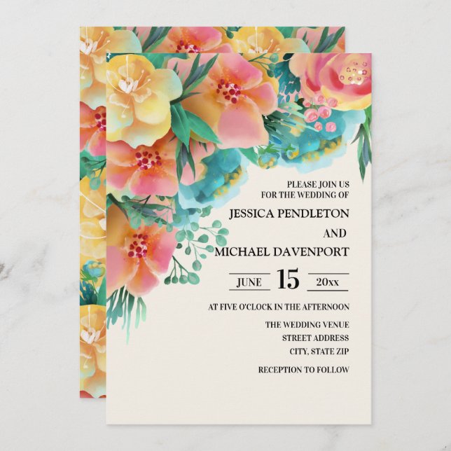 Pastel Rosa Teal Gult Blommigt bröllopsinbjudan Inbjudningar (Fram/baksida)