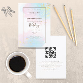 Pastel Rosa Teal Watercolor Guld QR Code Bröllop Inbjudningar