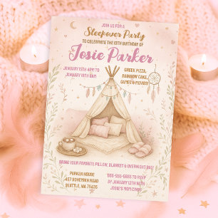 Pastel Rosa Teepee Sleepover Födelsedagsfest Inbjudningar