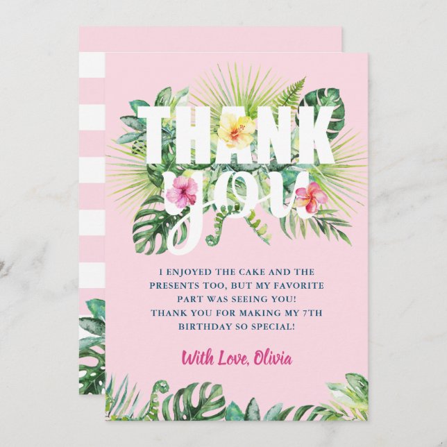 Pastel Rosa Tropical Grey Blommigt Birthday Tack Kort (Fram/baksida)