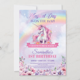 Pastel Rosa Unicorn och Rainbows 1:a födelsedagen Inbjudningar