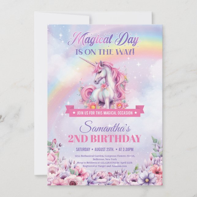 Pastel Rosa Unicorn och Rainbows 2:a födelsedagen Inbjudningar (Framsida)