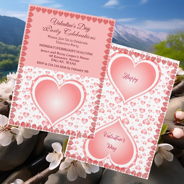 Pastel Rosa Valentines day Party Rining Hearts Inbjudningar (Pastel Pink Valentines Day Party Raining Hearts Invitation)
