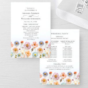 Pastel Rosa Vild Flowers Bröllop Ceremony Program
