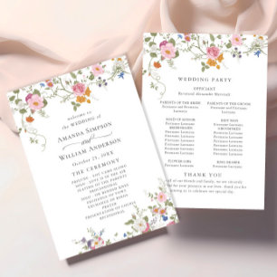 Pastel Rosa Vild Flowers Bröllop Ceremony Program