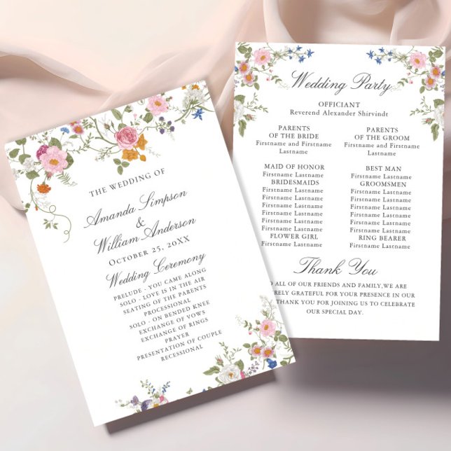 Pastel Rosa Vild Flowers Bröllop Ceremony Program (Skapare uppladdad)