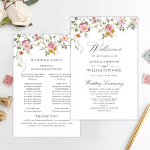 Pastel Rosa Vild Flowers Bröllop Ceremony Program