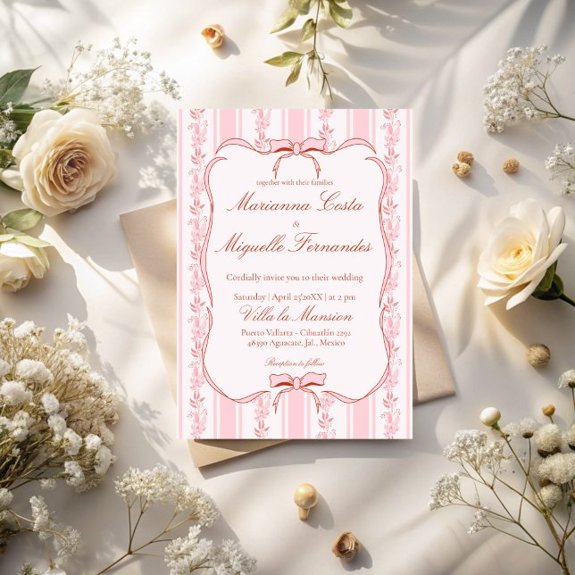 Pastel rosa vintage blommigt rand bröllop inbjudningar (Pastel pink vintage retro floral stripes wedding invitation cards with qr RSVP template digital)