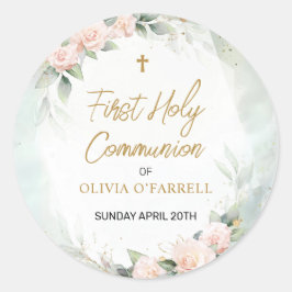 Pastel Rosa Watercolor Blommigt First Heliga Commu Runt Klistermärke