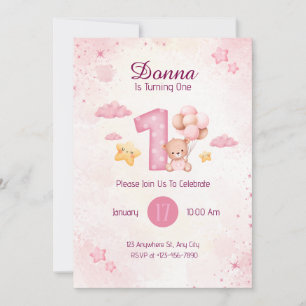 Pastel Rosa Watercolor Cute björn Inbjudningar
