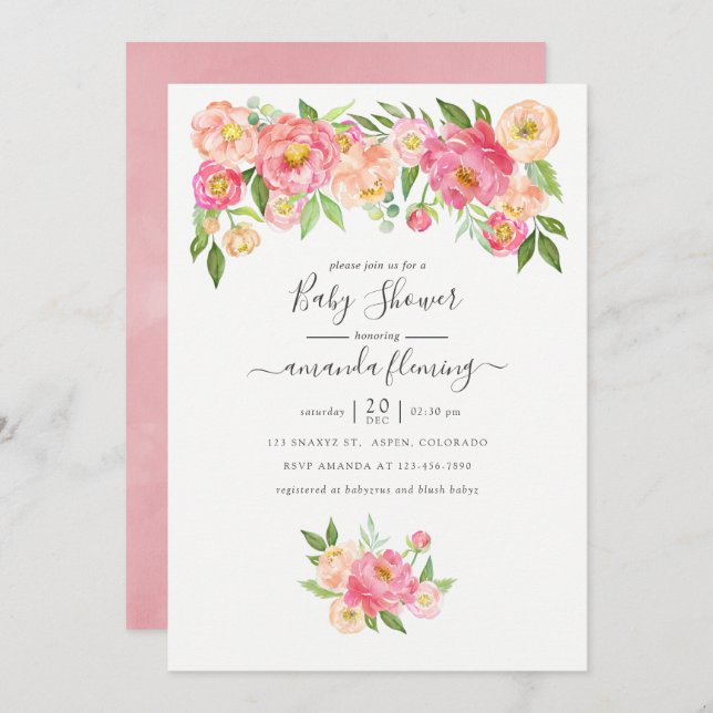 Pastel Rosa Watercolor Peonies Baby Shower Inbjudningar (Fram/baksida)