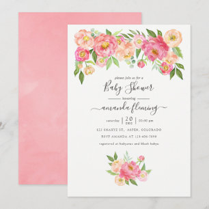 Pastel Rosa Watercolor Peonies Baby Shower Inbjudningar