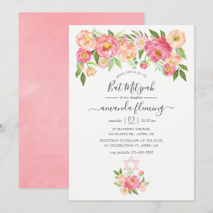 Pastel Rosa Watercolor Peonies Bat mitzvah Inbjudningar