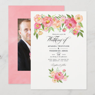 Pastel Rosa Watercolor Peonies Bröllop Photo Inbjudningar