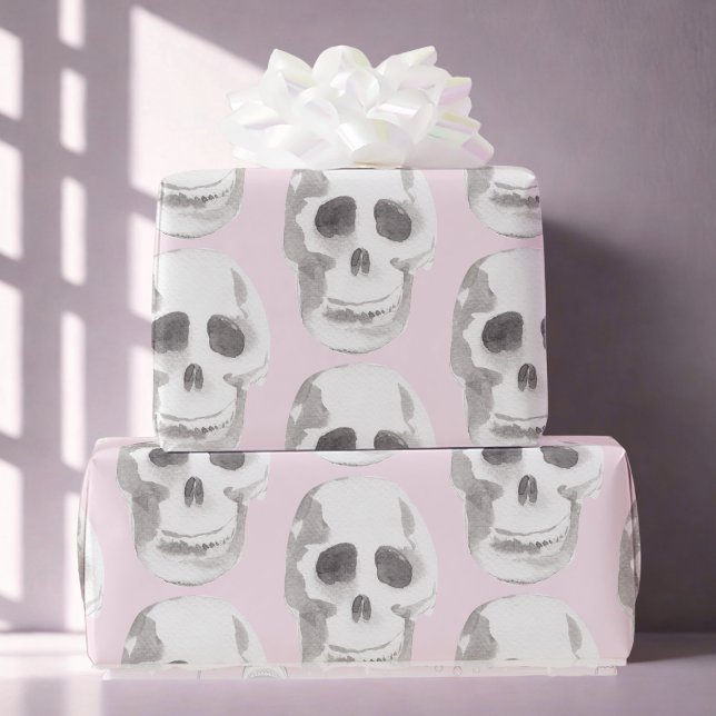 Pastel Rosa Watercolor Skull Halloween Presentpapper (Skapare uppladdad)