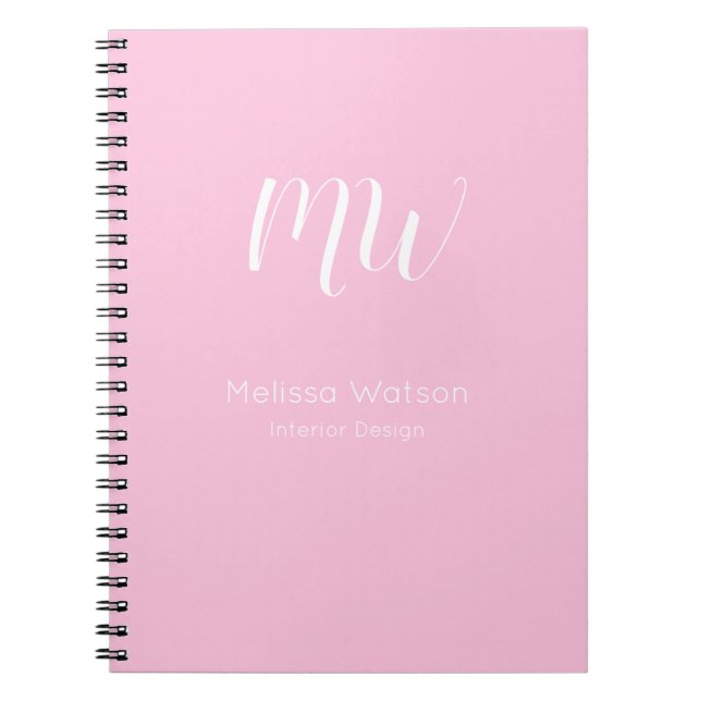 Pastel Rosa White Script Monogram Simple Namn Anteckningsbok (Framsidan)