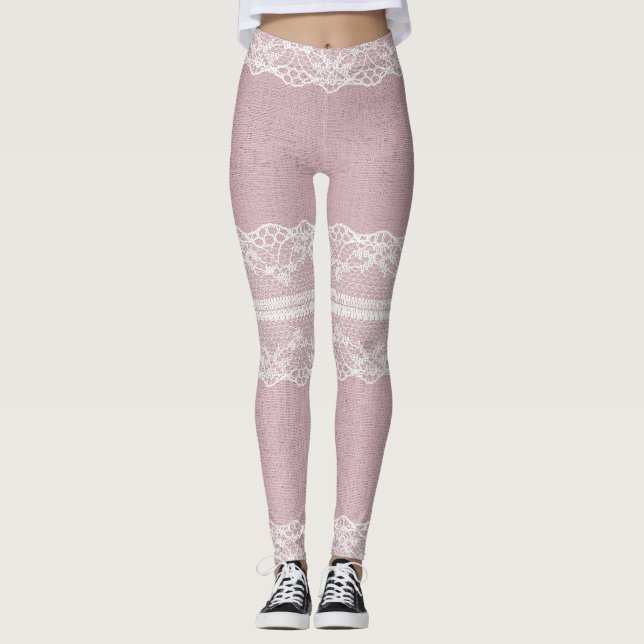 Pastel Rosa White Snöre Struktur Leggings (Framsida)