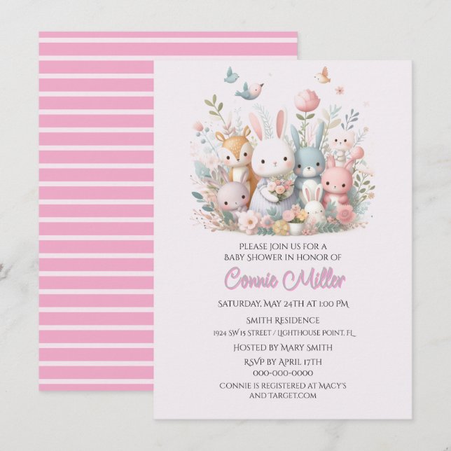 Pastel Rosa Woodland Animals Baby Shower Inbjudningar (Fram/baksida)