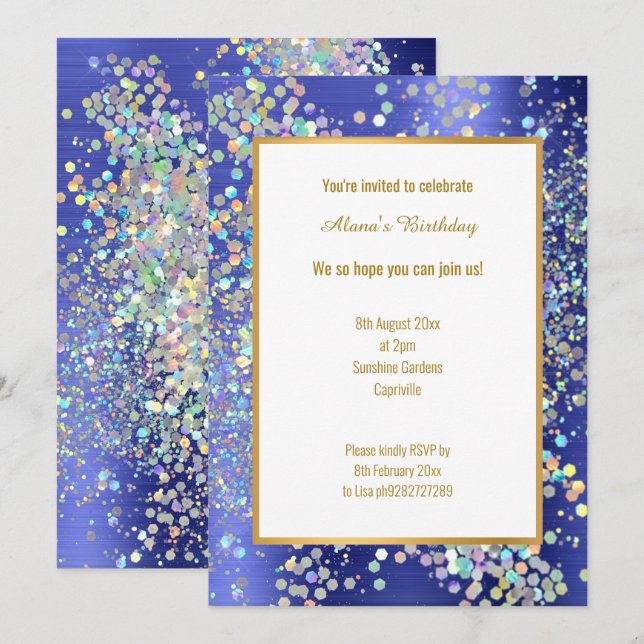PASTEL ROYAL BLUE TEXTURED HOLOGRAFISK INVIKATION INBJUDNINGAR (Fram/baksida)