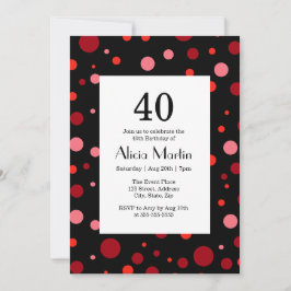 Pastel Ruby Cranberry Polka Dot Black 40 Birthday Inbjudningar