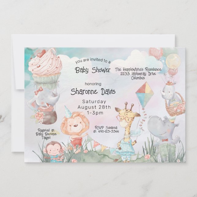 Pastel Safari Animals Personlig Baby Shower Inbjudningar (Framsida)