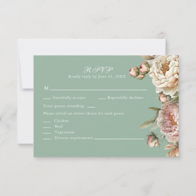 Pastel Sage Green and Blush Pink Peonies RSVP Card OSA Kort (Framsida)