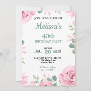 Pastel Sage Grönt med Rosa ros Födelsedagsfest Inbjudningar