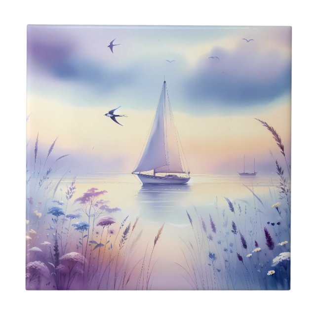 Pastel Sailboat Coastal Dreamscape Kakelplatta (Framsidan)
