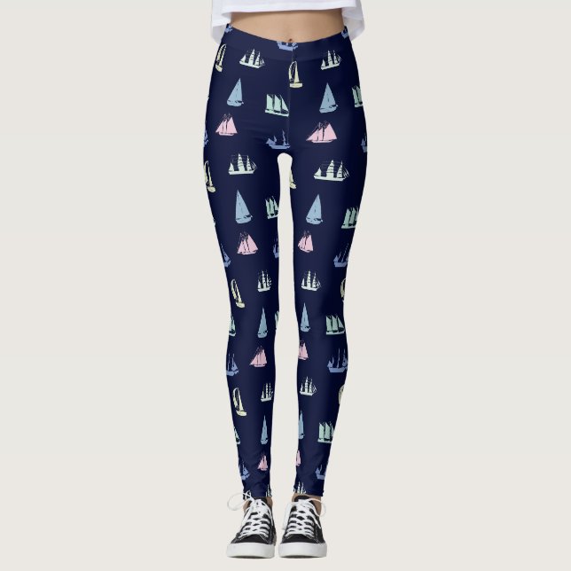 Pastel Sailboat Mönster på Midnight Blue Leggings (Framsida)