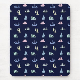 Pastel Sailboat Mönster på Midnight Blue Musmatta