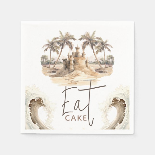 Pastel Sand Elegant Beach Party Eat Cake Pappersservett (Framsidan)