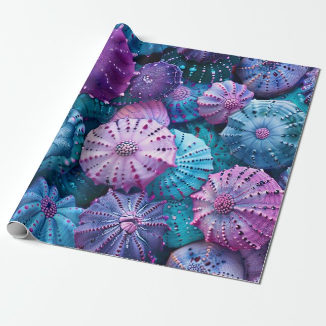 Pastel Sea Urchins Teal and Lila Presentpapper (Utrullad)