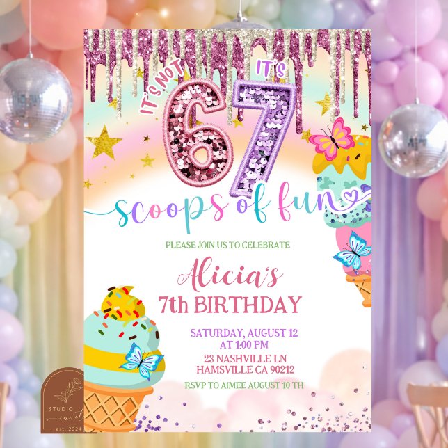  Pastel Sequin 67 Ice Cream birthday Invitation Inbjudningar (Skapare uppladdad)