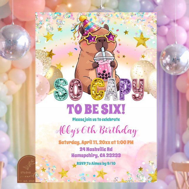 Pastel Sequin Glitter Capybara Birthday Invitation Inbjudningar (Skapare uppladdad)