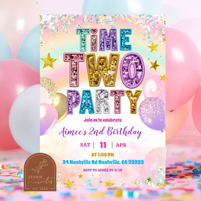 Pastel Sequin Glitter Time TWO Party Invitation Inbjudningar (Skapare uppladdad)