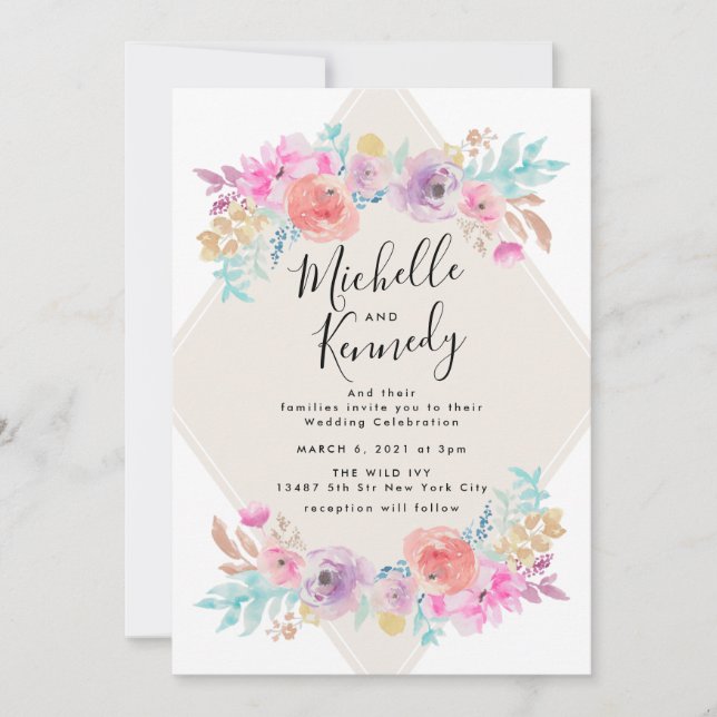 Pastel Shabby chic Garden Blommigt Boho Bröllop Inbjudningar (Framsida)