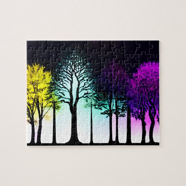 Pastel Silhouette Träd under Mörk Himlar Pussel (Horisontell)