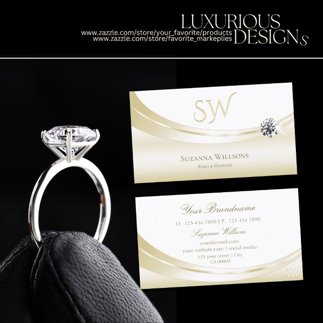 Pastel Silke Guld White med Monogram och Diamond Visitkort (Skapare uppladdad)