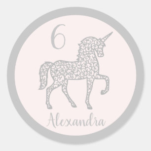 Pastel Silver Unicorn födelsedagsfest Own namn Runt Klistermärke