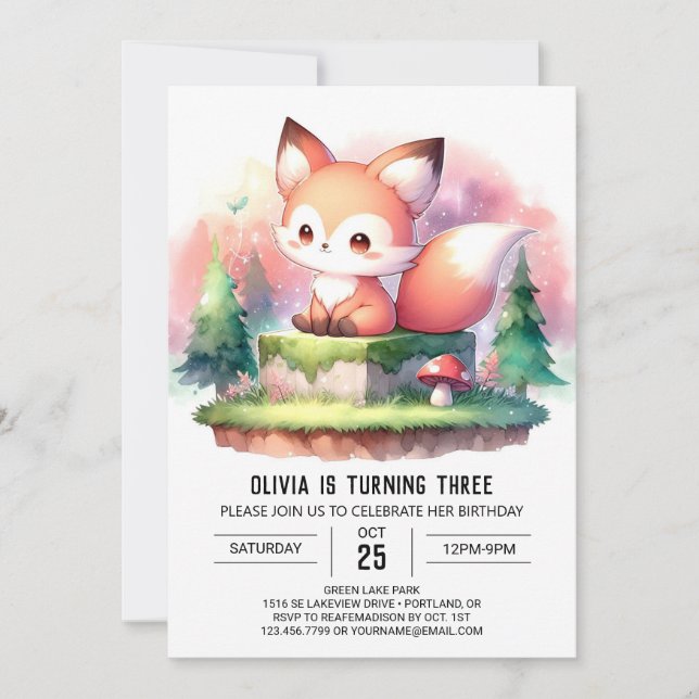 Pastel Simple Fox Birthday digital Inbjudningar (Framsida)