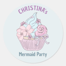 Pastel Sjöjungfru Cupcoa Födelsedagsfest Sea-tema Runt Klistermärke