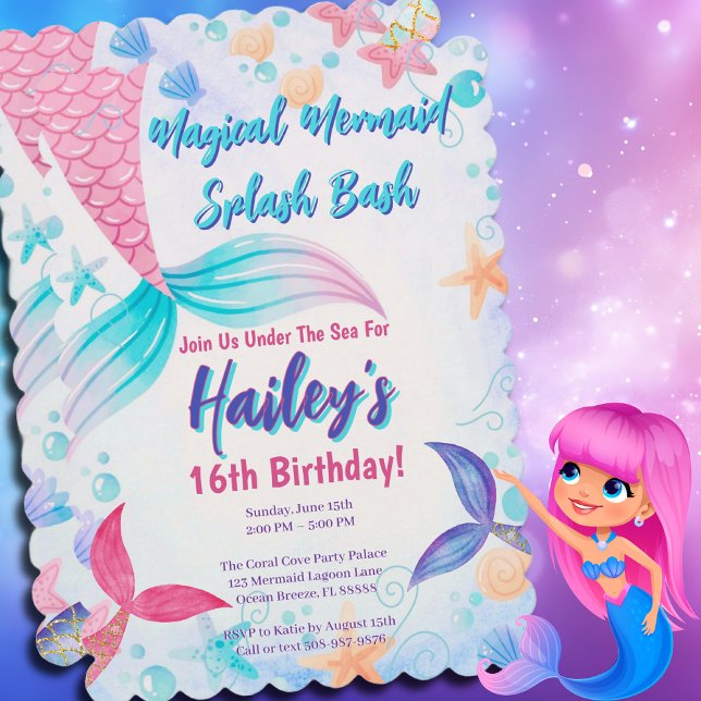 Pastel Sjöjungfru Svan Watercolor Birthday Inbjudningar (Magical Mermaid Birthday Party Invitation)