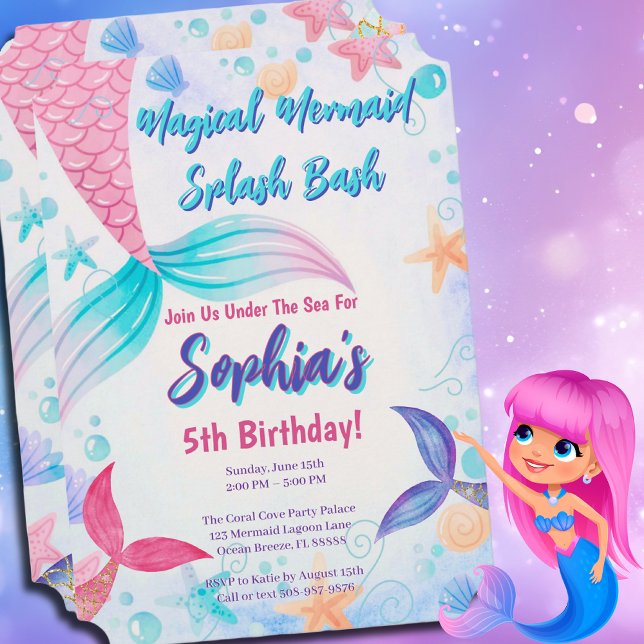 Pastel Sjöjungfru Svan Watercolor Födelsedagsfest Inbjudningar (Mermaid Splash Bash Birthday Invite for an Under the Sea Party that will be unforgettable )