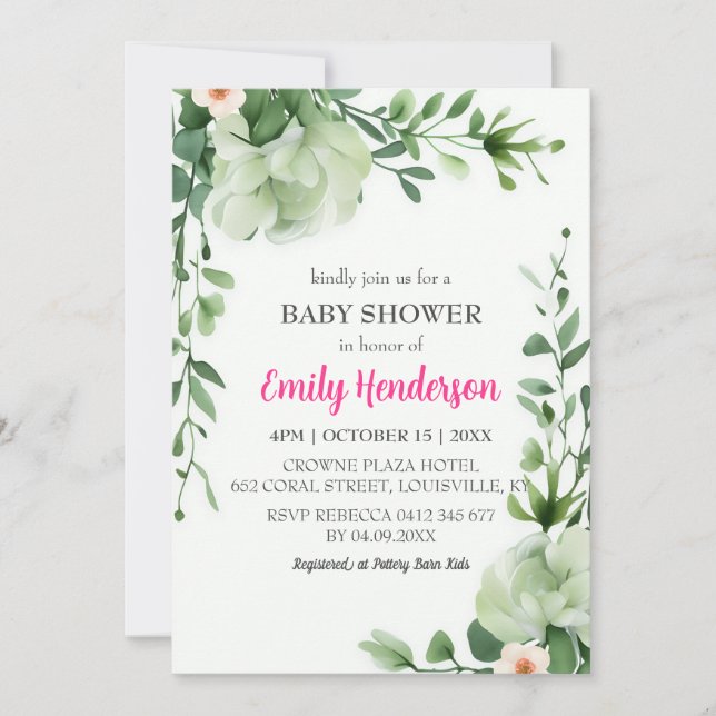 Pastel-skugga av Mint Greenery Baby Shower Ram Inbjudningar (Framsida)