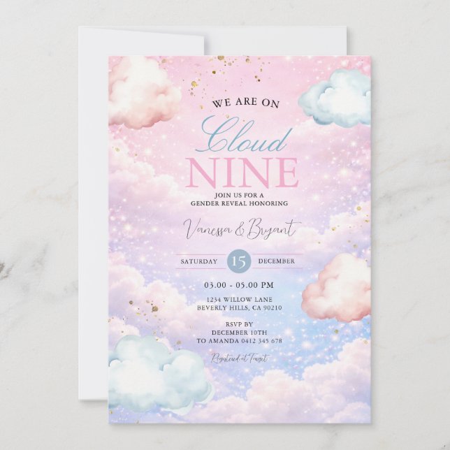 Pastel Sky Cloud Nine Gender Reveal Invitation Inbjudningar (Framsida)