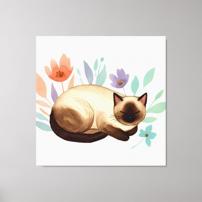 Pastel Slumber: Siamese Cat in Bloom Canvastryck (Framsida)