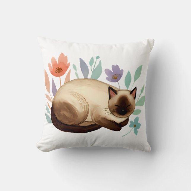 Pastel Slumber: Siamese Cat in Bloom Kudde (Framsida)
