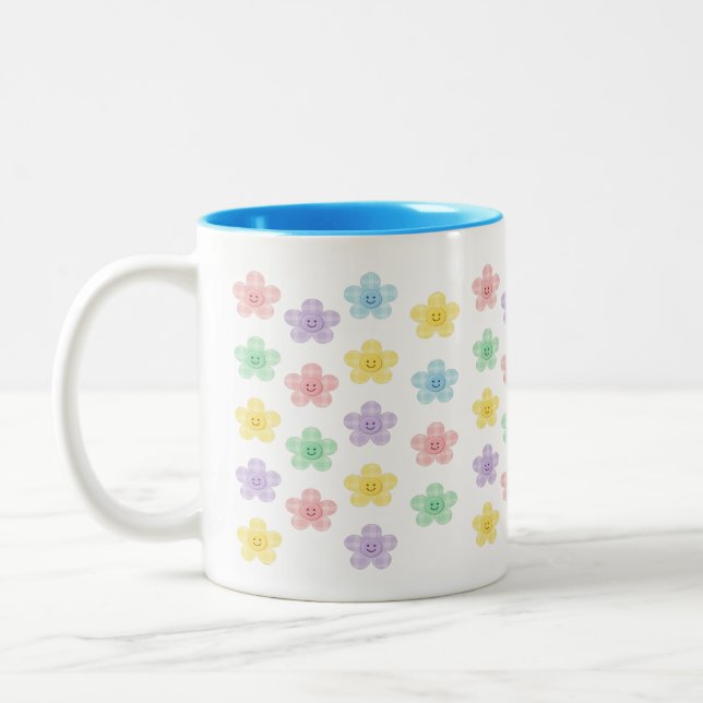 Pastel Smiley Flower Pattern – Cute Gingham  Två-Tonad Mugg (Vänster)