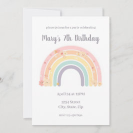 Pastel Smiling Floral Rainbow Kids Birthday Inbjudningar