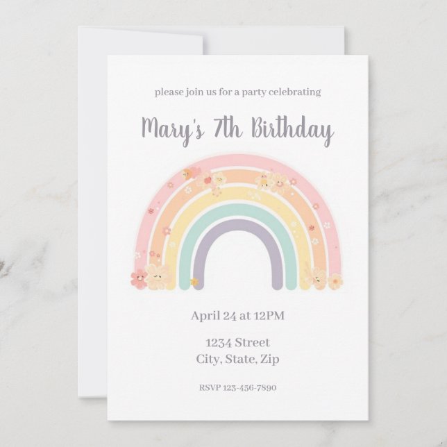 Pastel Smiling Floral Rainbow Kids Birthday Inbjudningar (Framsida)